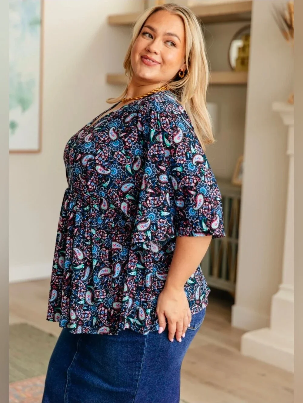 Plus-Size Paisley V-Neck Tunic Top - Navy/Multi